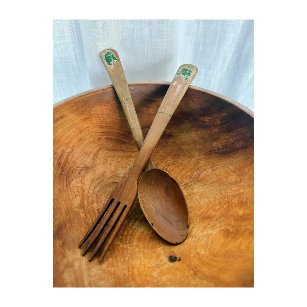 Vintage RobinhoodWare Hand Painted Wooden Footed Salad Bowl Set Matching Servers